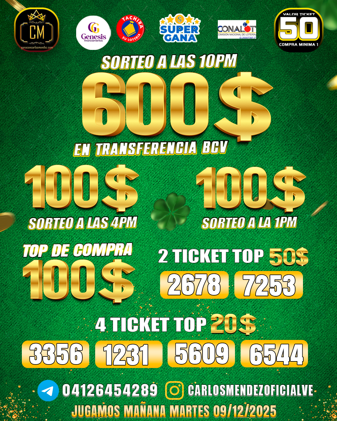 600$ A LAS 10PM - JUGAMOS MAÑANA MARTES 09 DE DICIEMBRE.